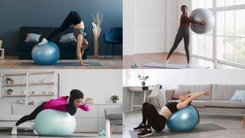 A collection of individuals performing various fitness exercises on stability balls in a bright indoor setting. They demonstrate athleticism, strength, and mindfulness through their movements. video