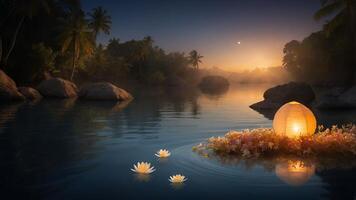 Evening Lotus Flowers and Lantern Floating on Water photo