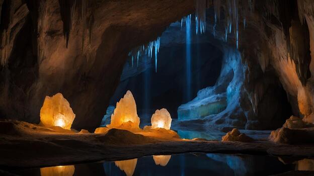 Cave with Stalactites and Illuminated Rocks photo