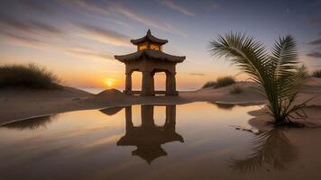 Pagoda and Palm Tree Reflected in Water at Sunset photo