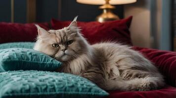 Fluffy Cat Resting on Turquoise Pillow on Red Bed photo