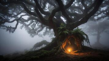 Old Tree with Glowing Light in Dark Misty Forest photo
