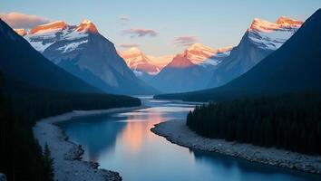 Mountain Range and River View, Forest with Glacier at Sunrise photo