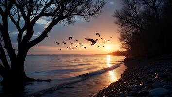 Birds Flying Over Ocean at Sunset photo
