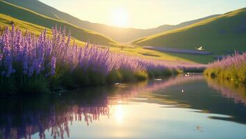 Lavender Field at Sunset Reflecting on Water photo