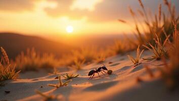 Ant Carrying Food on a Sand Dune at Sunset photo