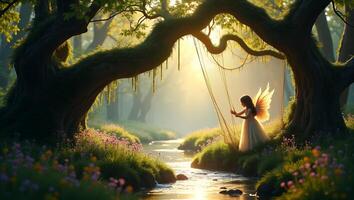 Girl with Fairy Wings in Forest with River and Sunlight photo