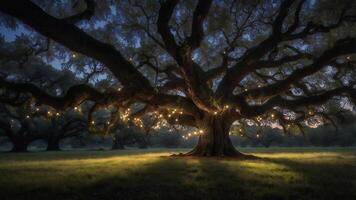 Large Tree Decorated with String Lights in a Grassy Field photo