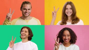 Diverse individuals express joy and positivity by making V gestures in a vibrant collage. Their cheerful expressions and colorful backgrounds create an uplifting atmosphere of success and happiness. video