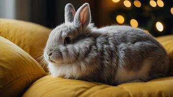 Gray Rabbit on Yellow Cushion with Bokeh Lights photo
