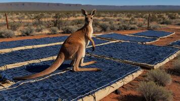 Kangaroo Standing on Blue Mat in Australian Outback Landscape photo