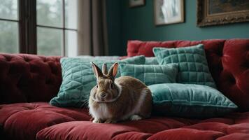 Rabbit Sits on Red Sofa with Teal Cushions photo