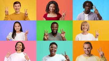 A cheerful collection of diverse individuals express joy and positivity by making V gestures. Each person showcases happiness in a vibrant, colorful background, symbolizing unity and achievement. video