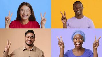 A vibrant collection of diverse individuals expressing joy with cheerful V gestures against colorful backgrounds. Each person radiates happiness and positivity, showcasing a sense of victory. video