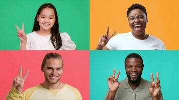 A collection of happy individuals from diverse backgrounds, each showing a V gesture for victory. They appear joyful and positive against vibrant colored backgrounds. video