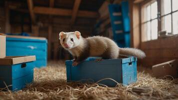 Ferret on Blue Box in Attic with Straw photo