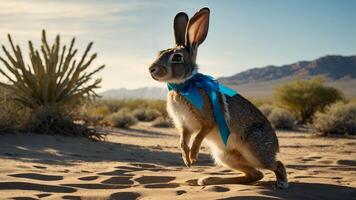 Rabbit with Blue Ribbon in Desert Landscape on Sunny Day photo