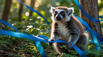 Lemur in Forest with Blue Ribbons photo