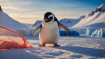 Penguin Stands Near Ice with Fishing Net in Snowy Landscape photo