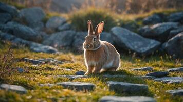 Rabbit Stands on Stone Path in Grassy Landscape photo