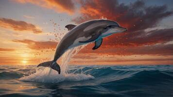 Dolphin Jumping Out of Water at Sunset photo