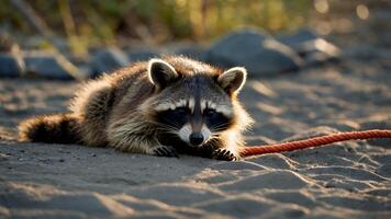 Raccoon Relaxing on Sand Near Rope photo