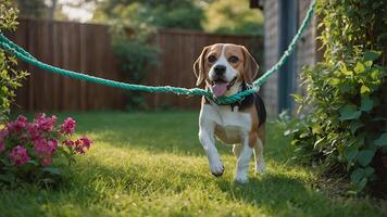 Beagle Dog Runs on Lawn with Leash in Garden photo