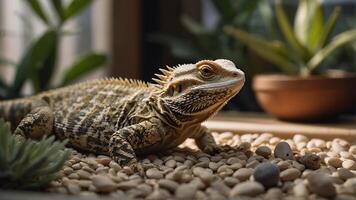 Bearded Dragon on Pebbles in a Garden Setting photo