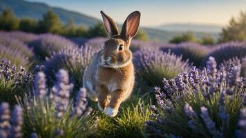 Rabbit Running Through a Lavender Field photo