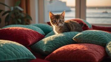 Kitten Relaxing on Colorful Pillows Indoors Near Window photo