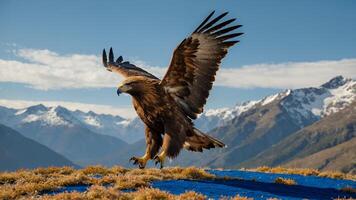 Golden Eagle Landing in Mountain Landscape photo
