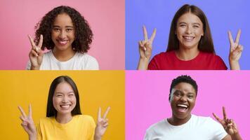 A joyful collection of individuals from various backgrounds making V gestures with their hands. They express happiness and positivity, set against vibrant, solid colored backgrounds. video