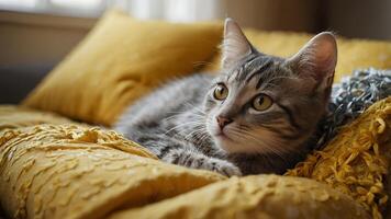 Gray Tabby Cat Rests on a Yellow Pillow photo