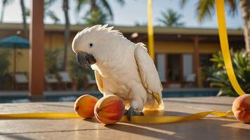 Cockatoo with Peaches and Ribbon on Table Outside photo