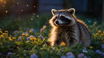 Raccoon in Field of Flowers During Golden Hour photo