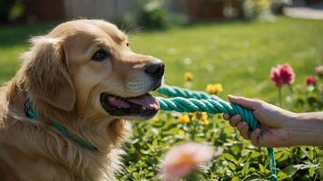 Golden Retriever Playing Tug of War with Rope photo