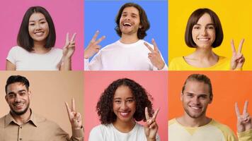 A joyful collection of diverse individuals displays cheerful expressions while making V gestures with their hands. Each person is set against a colorful backdrop, radiating positivity and success. video