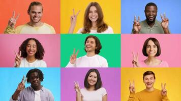 Nine diverse individuals are joyfully posing against colorful backgrounds, each showing a peace sign with cheerful expressions. The atmosphere radiates positivity and success. video