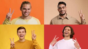 A diverse group of cheerful individuals is displaying V gestures, symbolizing victory and success. Each person shows happiness against vibrant, colorful backgrounds, showcasing unity and positivity. video