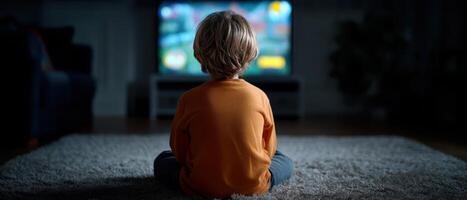 Boy Watching TV Living Room Image Background Dim Light Cozy Environment Copyspace photo