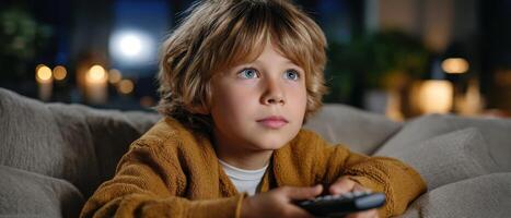 Young Boy Relaxing on Comfy Sofa with Remote Control Cozy Room Background Copyspace photo