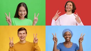 Four individuals from various backgrounds express joy and positivity by making V gestures against colorful backgrounds. Their happiness reflects a sense of achievement and unity. video
