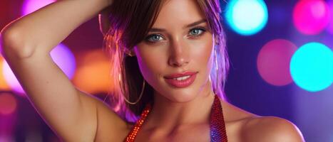 Glamorous Woman in Elegant Outfit at a Vibrant Party Background with Copyspace photo