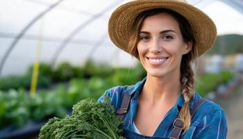 Smiling Farmer Woman Harvesting Fresh Produce Greenhouse Background Copyspace for Agriculture Concept photo