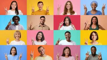 A collection of happy individuals from various backgrounds joyfully making a V gesture to symbolize victory. They express positivity and unity against vibrant, colorful backdrops. video