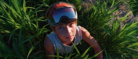 Adventurous Boy Climbing Sunny Hillside with Goggles Nature Background Copyspace View photo