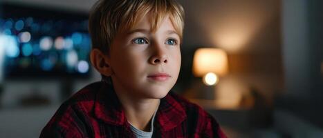 Boy in Pajamas Captivated by a Movie Cozy Home Background with Copyspace photo