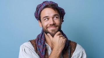 Cheerful Medieval Hero Pirate with Decorative Belt Copyspace Background Low Resolution photo