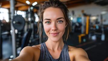Fitness Enthusiast Post-Workout Selfie in Gym Background with Copyspace for Inspiration photo