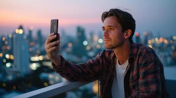 Man Taking Selfie with Coffee at Rooftop Cafe Urban City Background Copyspace Evening View photo